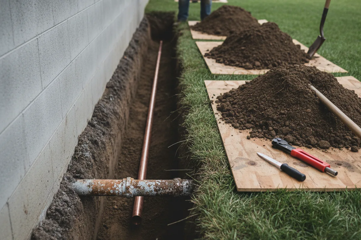 Excavated water line trench during Water Softener Installation in Madison